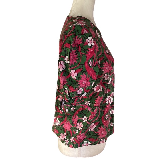 Zara Pink & Green Floral Cotton Bow Tie Puff Short Sleeve Cropped Top - M - Picture 8 of 15